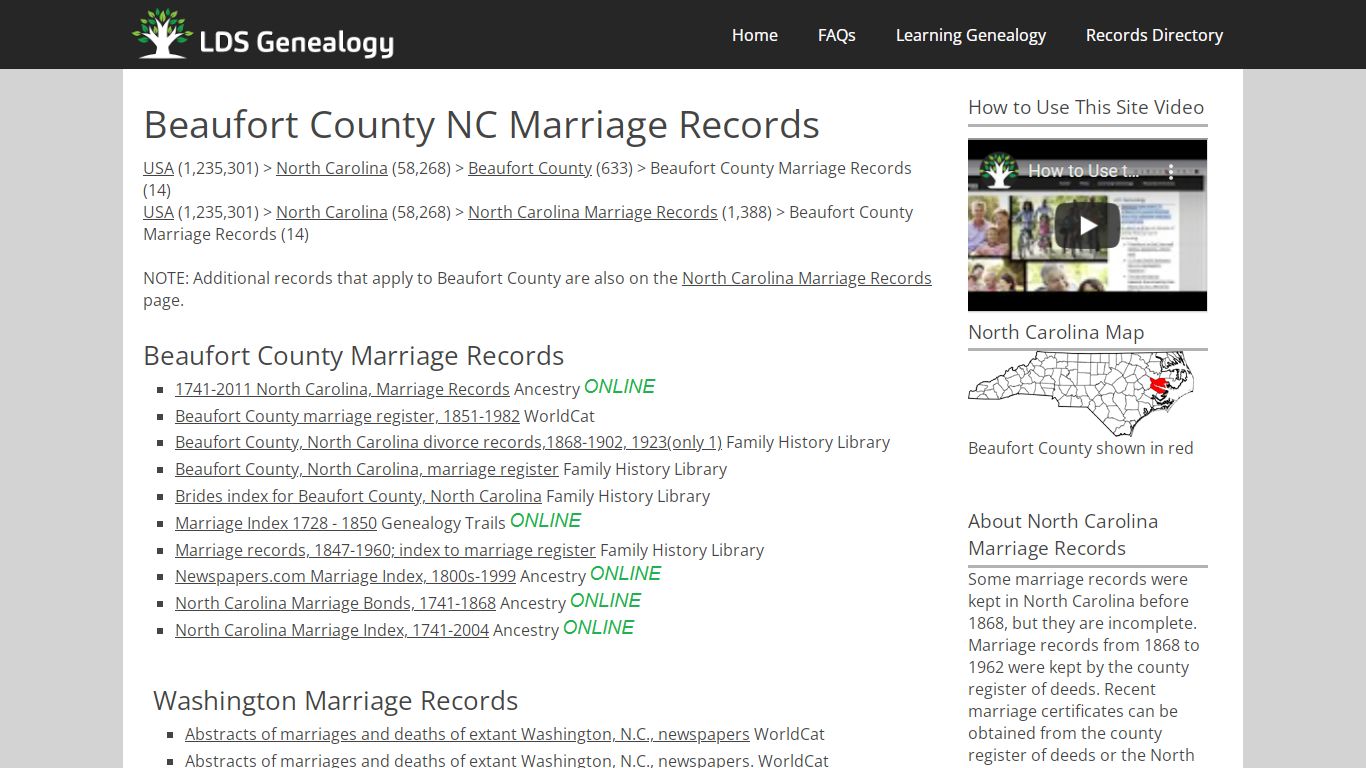 Beaufort County NC Marriage Records - LDS Genealogy