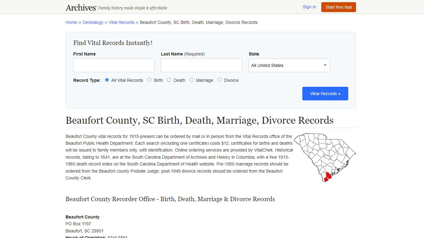 Beaufort County, SC Birth, Death, Marriage, Divorce Records